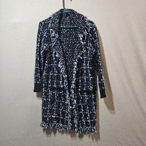 Dolce Cabo Black, White And Blue Long Fringe Open Cardigan Sweater
